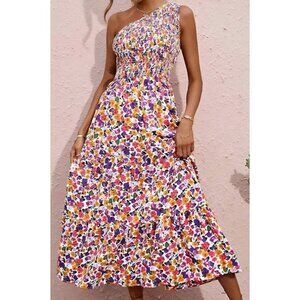 BTFBM Romantic Floral Smocked One-Shoulder Maxi Dress Tiered Size L Party Summer
